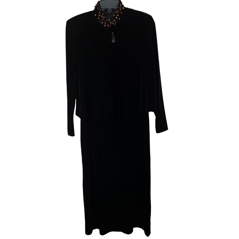 Vintage Positive Attitude Petite Black Velvet Amber Beaded 2 Pc Dress Set Jacket